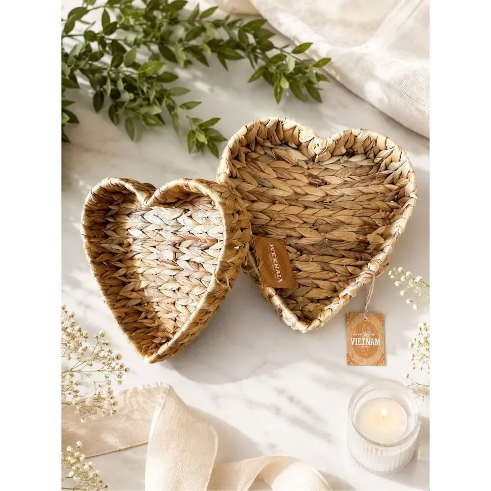 Boho Heart Shaped Woven Basket Set of 2 | Natural Seagrass Decor Trays | Farmhou